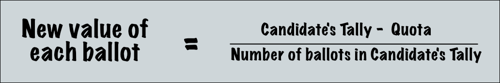 The new value of each ballot is equal to the total number of votes in the candidate's
               tally pile minus the quota all divided by the total number of ballots in the candidate's tally pile.